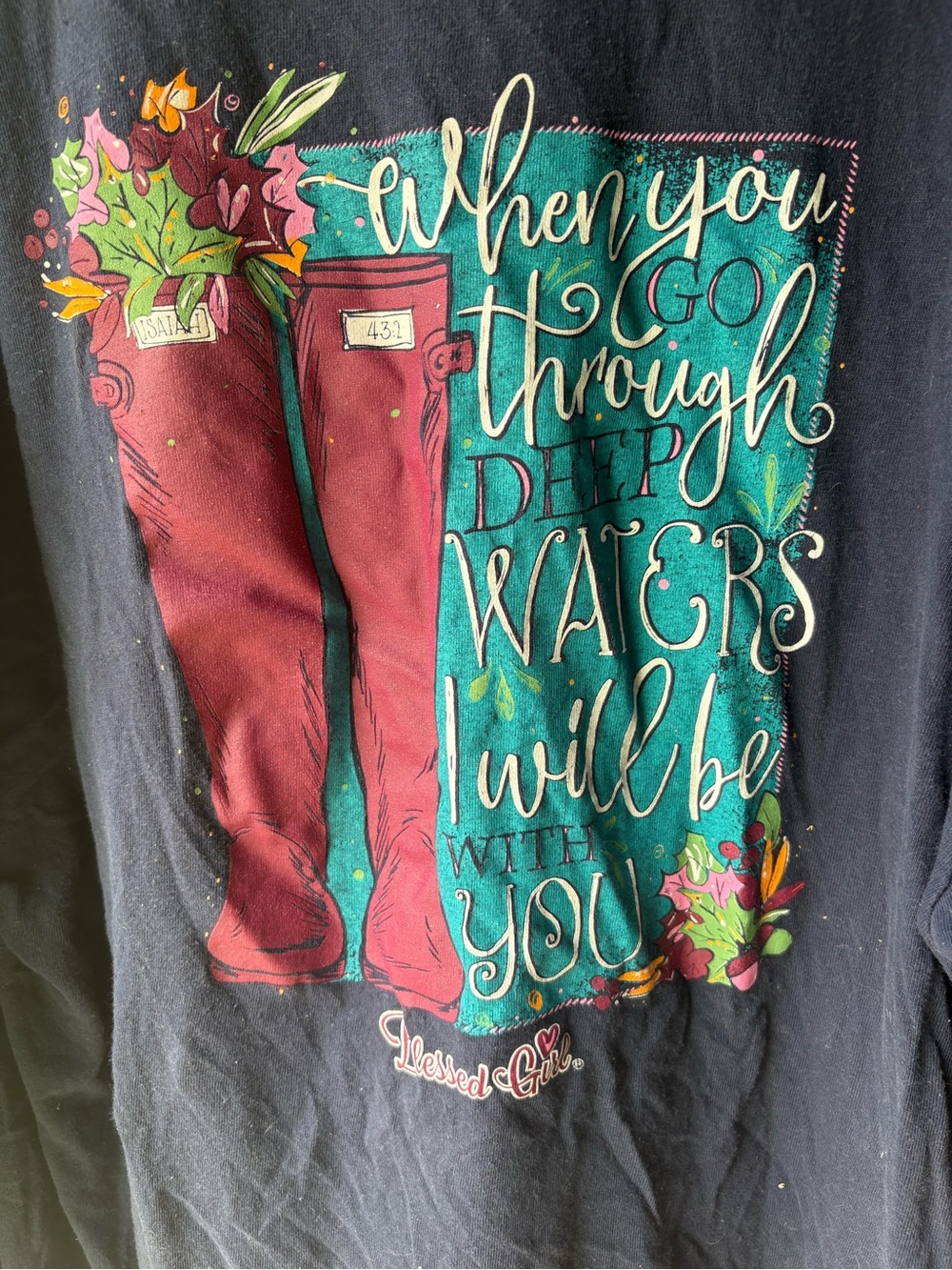Blessed Girl Navy Long-Sleeve Graphic Tee with Red Boot Motif